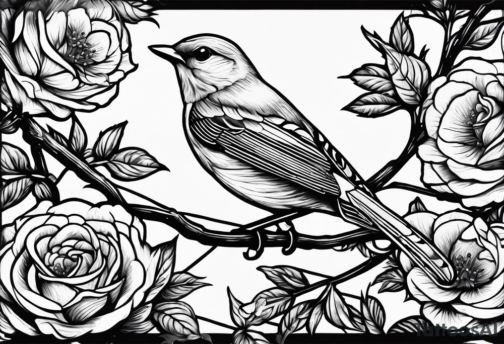 A Nightingale singing in a bush of Damascus roses above a music sheet tattoo idea A Nightingale singing in a bush of Damascus roses above a music sheet tattoo idea