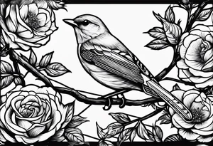 A Nightingale singing in a bush of Damascus roses above a music sheet tattoo idea