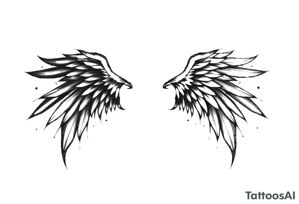 the wings go up

This tattoo design features a pair symmetrical angel wings drawn in black ink with a rough, sketch-like style. The left wing is darker, more defined, and appears denser, while the right wing is lighter, more delicate, and fragmented, creating a contrast between the two. The feathers are sharp and irregular, with fine lines and stray strokes extending outward, adding a raw and artistic feel. The overall look is dynamic and slightly chaotic, giving the impression of movement or an unfinished, ethereal form. This design symbolizes duality, freedom, transformation, or even struggle, making it a meaningful and visually striking tattoo. tattoo idea