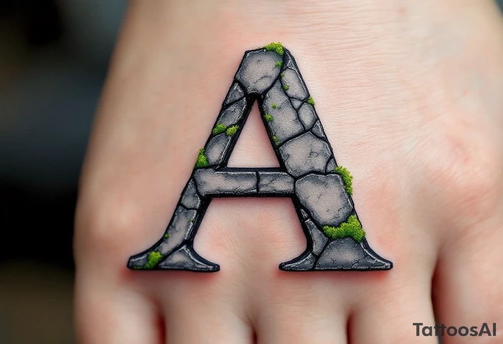 A cracked stone "A" in granite gray with mossy green details. tattoo idea