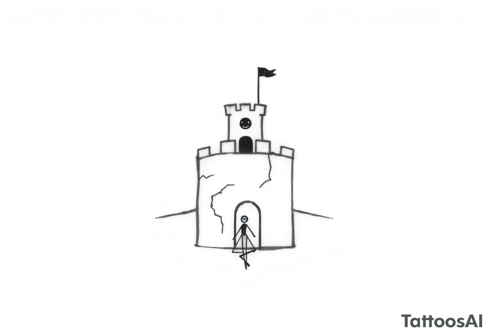 Create a minimalistic tattoo design based on a trapezoid shape representing a trap or siege. The trapezoid is the main background and frame.

Inside the trapezoid:

1. A small, simple castle at the top center with smooth walls and a short tower on one side, symbolizing loneliness.


2. A tiny black brick embedded in the castle wall, representing a 225 mg Tramadol pill — looks like a small dark dot from afar.


3. A small smiling mask on the tower with two dots for eyes and a curved line for a mouth, symbolizing hiding inner pain behind a smile.


4. A thin, irregular crack running from the bottom to the top of the castle wall, representing inner wounds and fractures.


5. A thin diagonal ray of light shining from one of the castle windows, symbolizing hope amidst darkness.


6. An abstract, minimal dancer figure in the castle courtyard made with simple lines, symbolizing dancing and perseverance despite being trapped.



The overall design should look clean and geometric from afar, but each element carries personal symbolism and emotional depth. tattoo idea