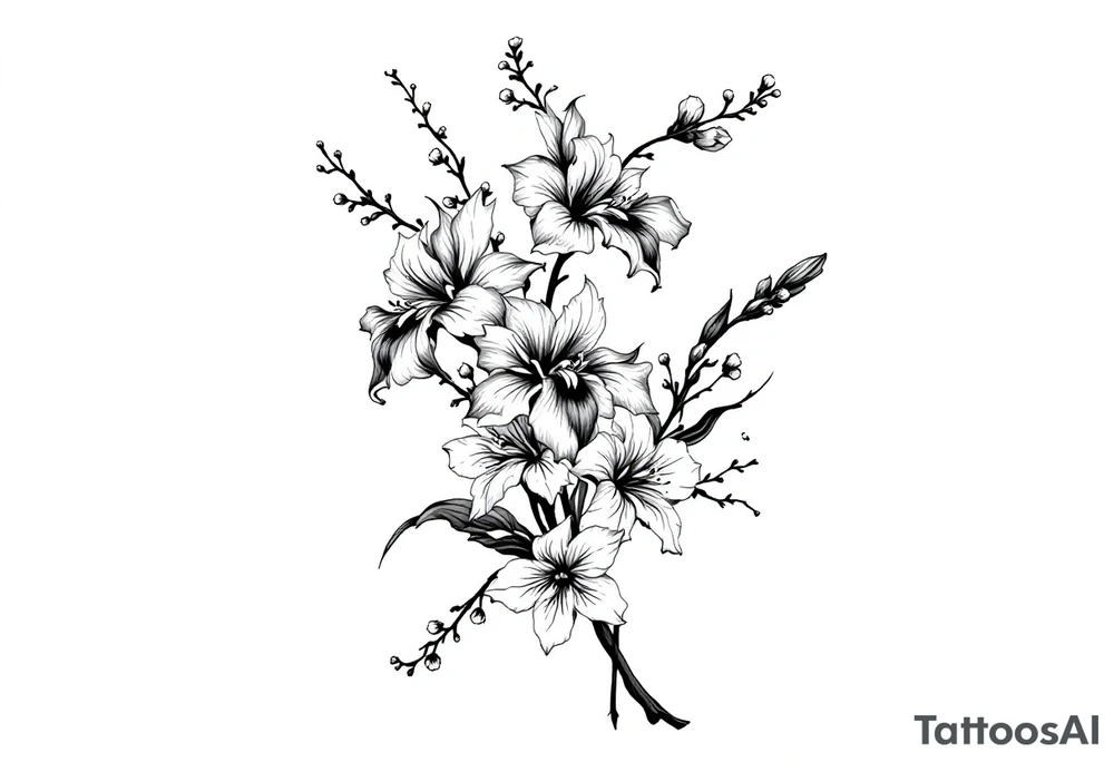 Irises flowers and cherry blossom on a fan forearm tattoo idea
