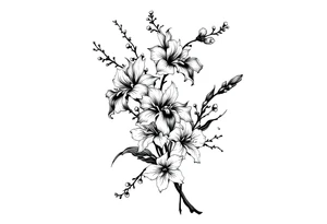 Irises flowers and cherry blossom on a fan forearm tattoo idea