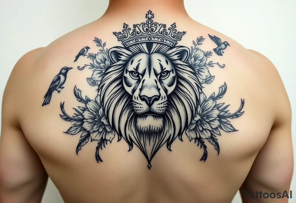 powerful majestic lion with a crown, surrounded by floral ornaments and birds tattoo idea