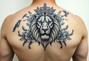 powerful majestic lion with a crown, surrounded by floral ornaments and birds tattoo idea