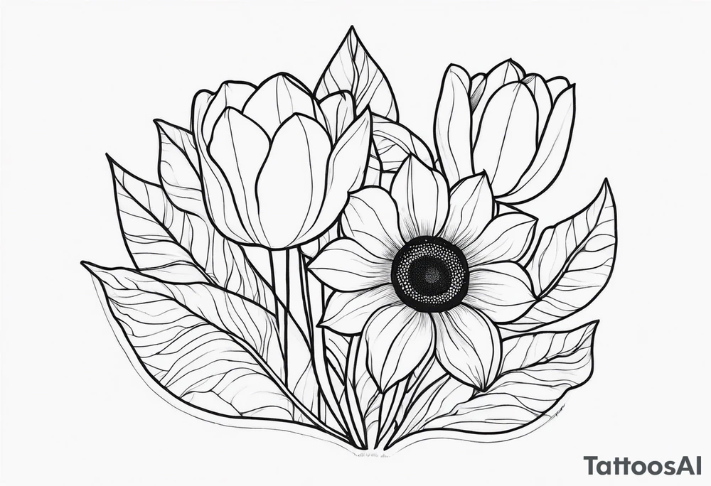 two tulips either side with a sunflower in the middle with some leaves and surrounded by some small dots tattoo idea