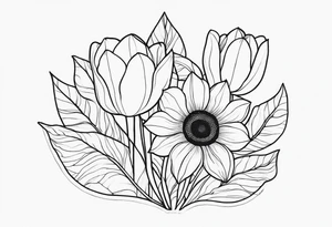 two tulips either side with a sunflower in the middle with some leaves and surrounded by some small dots tattoo idea