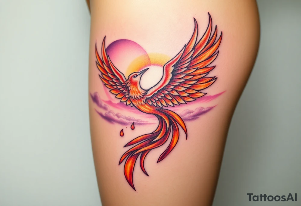 magnificent phoenix rising from flames with trailing embers with a pink and golden sunset and sky with puffy clouds and heaven backdrop tattoo idea