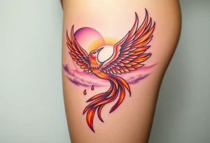 magnificent phoenix rising from flames with trailing embers with a pink and golden sunset and sky with puffy clouds and heaven backdrop tattoo idea