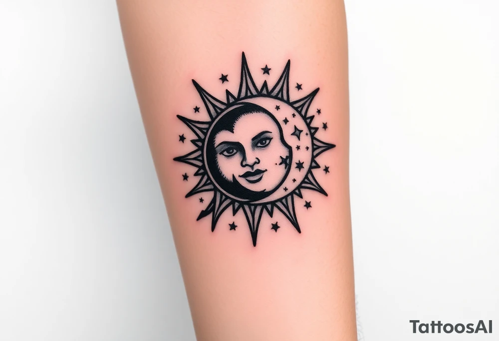 celestial sun and moon embrace with constellation patterns tattoo idea
