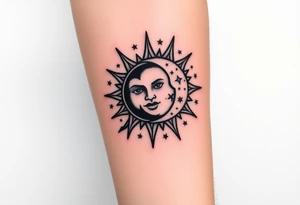 celestial sun and moon embrace with constellation patterns tattoo idea