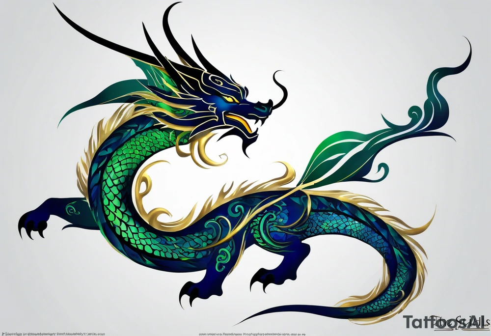 Tribal Tattoo: An epic with no wings, floating. Its long body coiling dynamically, with scales and horns detailed to create a sense of movement and strength. The dragon's main color is midnight blue but features little accents in green, blue, and gold, giving a vibrant depth and a mystical aura. This tattoo highlights the dragon’s fierce expression and sharp claws as it wraps protectively around the leg. Style: Tribal tattoo idea