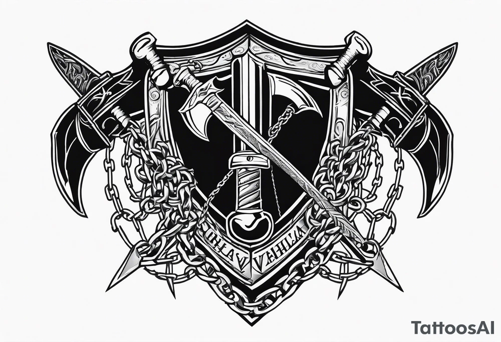 Valhalla sword shield axe barbed wire chains dark cloud tattoo idea