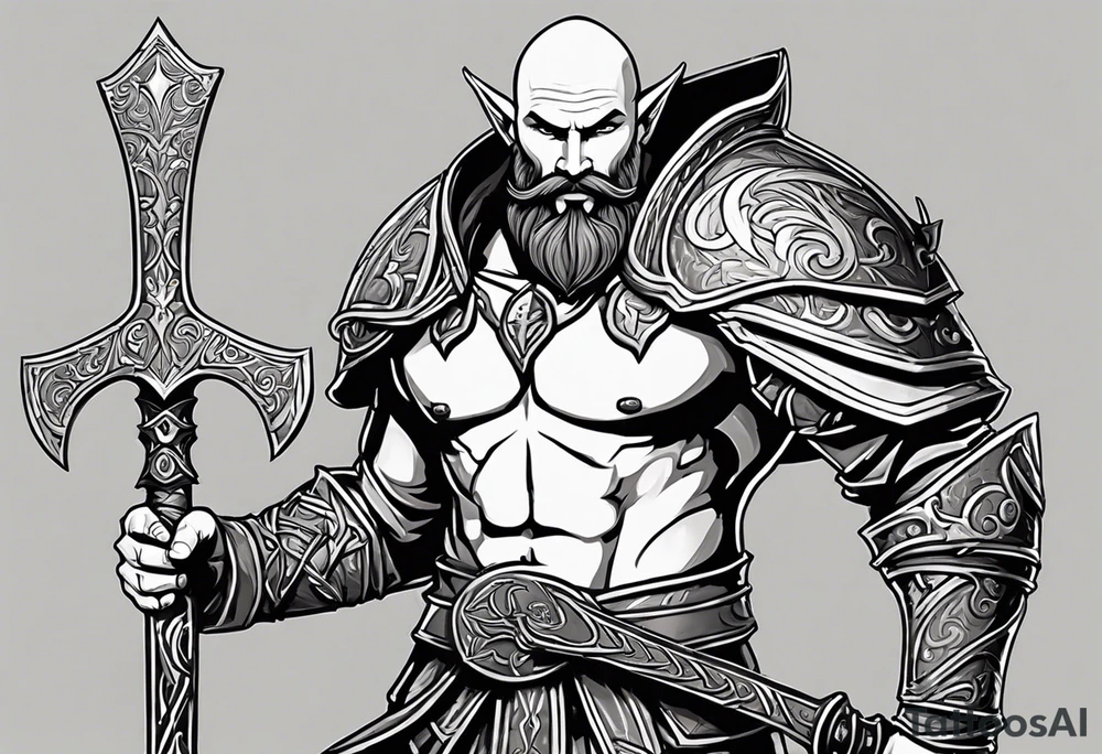 a full-body picture of a 30-year-old, human elf, bearded bald male, paladin, holding a battle axe, tattoo idea