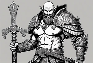 a full-body picture of a 30-year-old, human elf, bearded bald male, paladin, holding a battle axe, tattoo idea