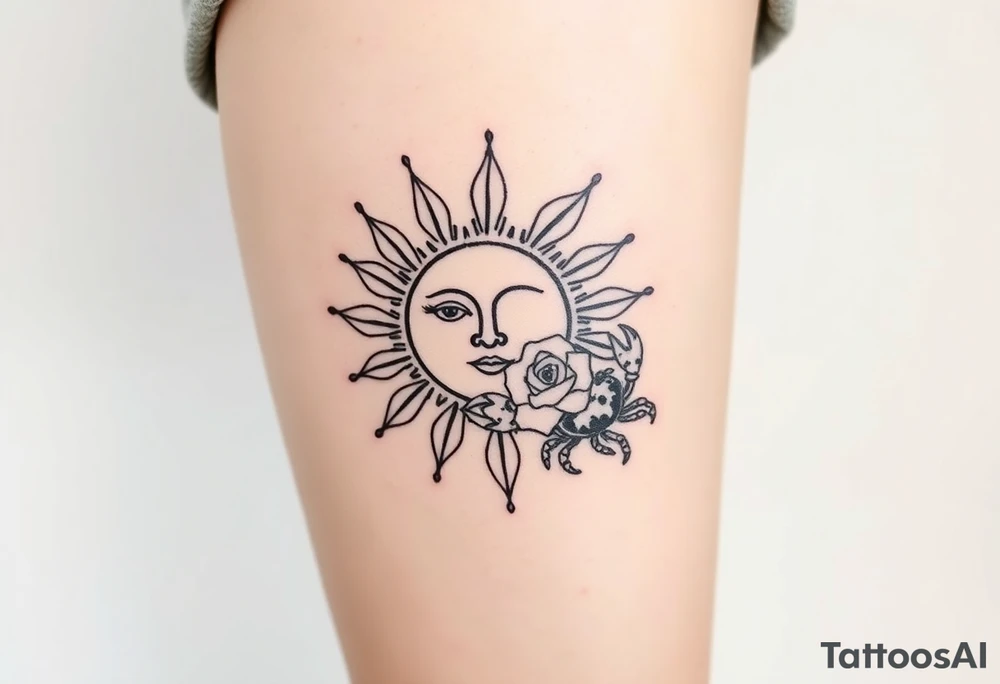 Traditional old
School sun with simple face, Sun, rose and crab old school style henna style tattoo idea