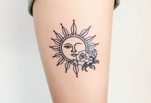 Traditional old
School sun with simple face, Sun, rose and crab old school style henna style tattoo idea