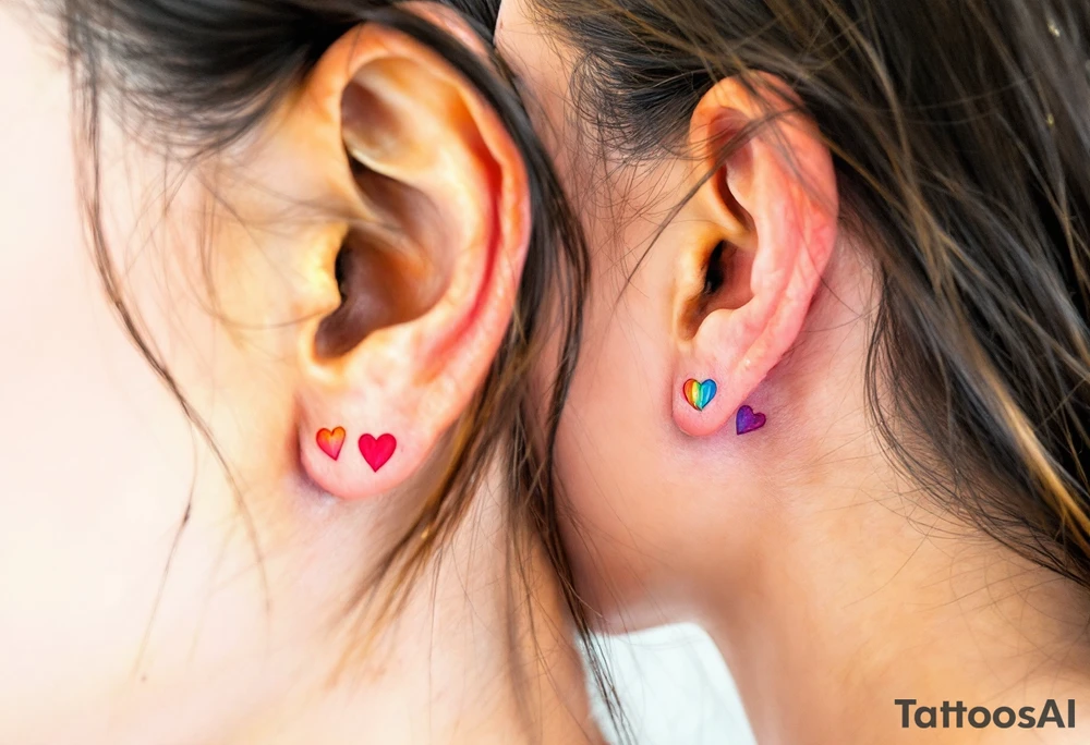 Tiny matching rainbow hearts behind ear of each partner to honor love in every shade. tattoo idea