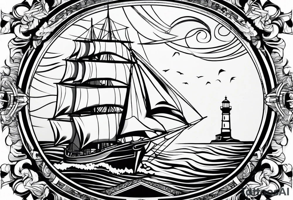 front bow sails with lighthouse on board tattoo idea