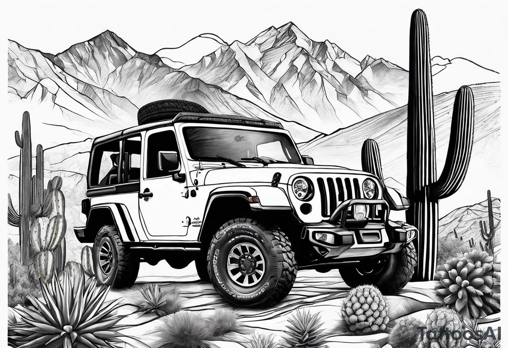 A dessert mountain with a donkey, a  jeep gladiator and cactus tattoo idea