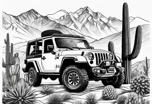 A dessert mountain with a donkey, a  jeep gladiator and cactus tattoo idea