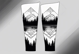 Large forearm geometric nature tattoo with moutains, lake, forest, and a moon. tattoo idea