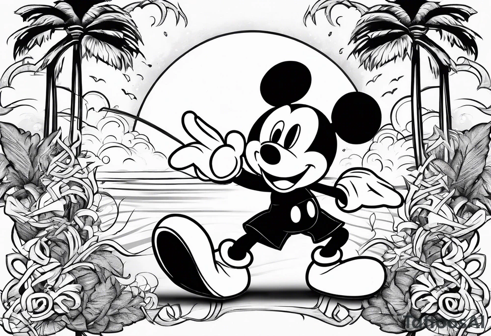 mickey mouse doing martial arts with palm trees, lightning and the celtic symbol for family tattoo idea