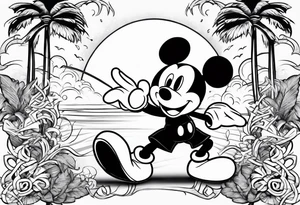 mickey mouse doing martial arts with palm trees, lightning and the celtic symbol for family tattoo idea