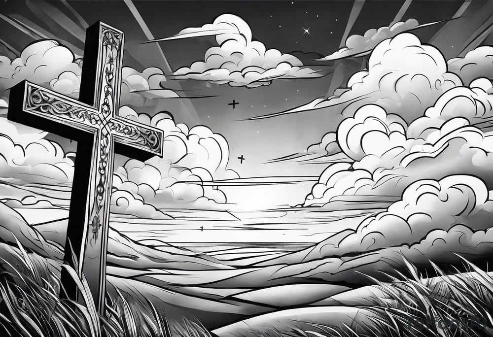 bible verse with a very simple cross in the background and realistic clouds shadowing the cross in the background tattoo idea