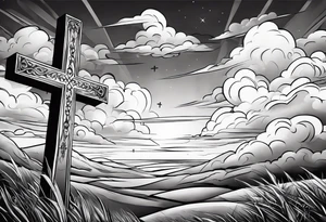 bible verse with a very simple cross in the background and realistic clouds shadowing the cross in the background tattoo idea