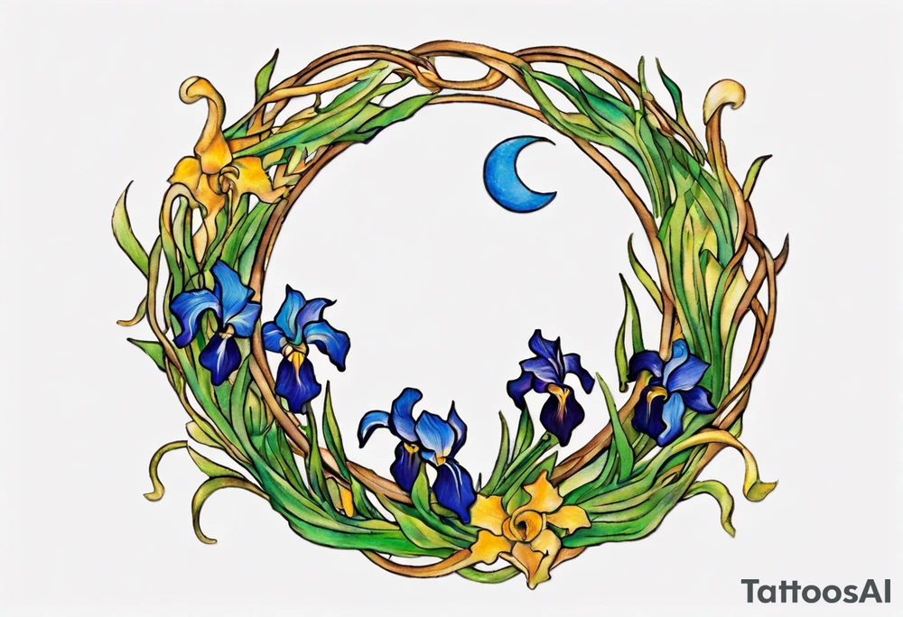 Create a small colorful Vincent van Gogh Irises tattoo in the form of a crescent, with vines or Celtic knots gracefully intertwining at a central point in the middle of the wreath.  In the middle of the wreath are mountains and other items found in New Mexico. Ensure that the design avoids the appearance of a bush and maintains a more structured and deliberate arrangement. The intended placement is on the upper chest. The overall design should be small in size while maintaining a delicate and artistic aesthetic. Pay attention to the graceful flow of the vines and the placement of the irises to achieve a refined and elegant look. tattoo idea