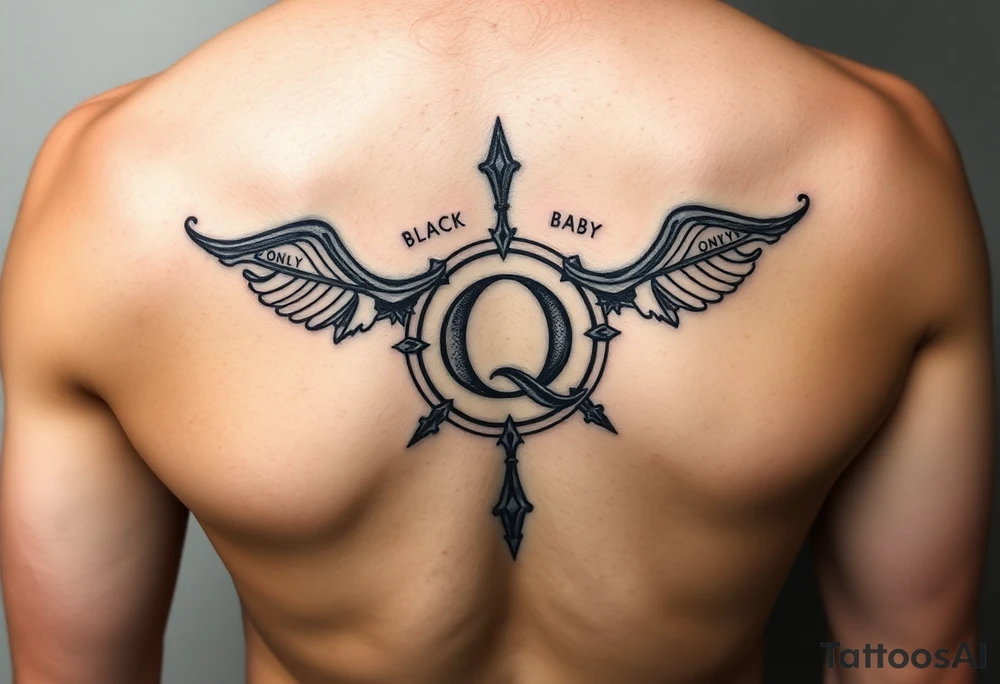 A womb tattoo with a Q in the center, with three points around the outside. The first reading, "BLACK". The second reading, "BABY". The third reading, "ONLY". tattoo idea