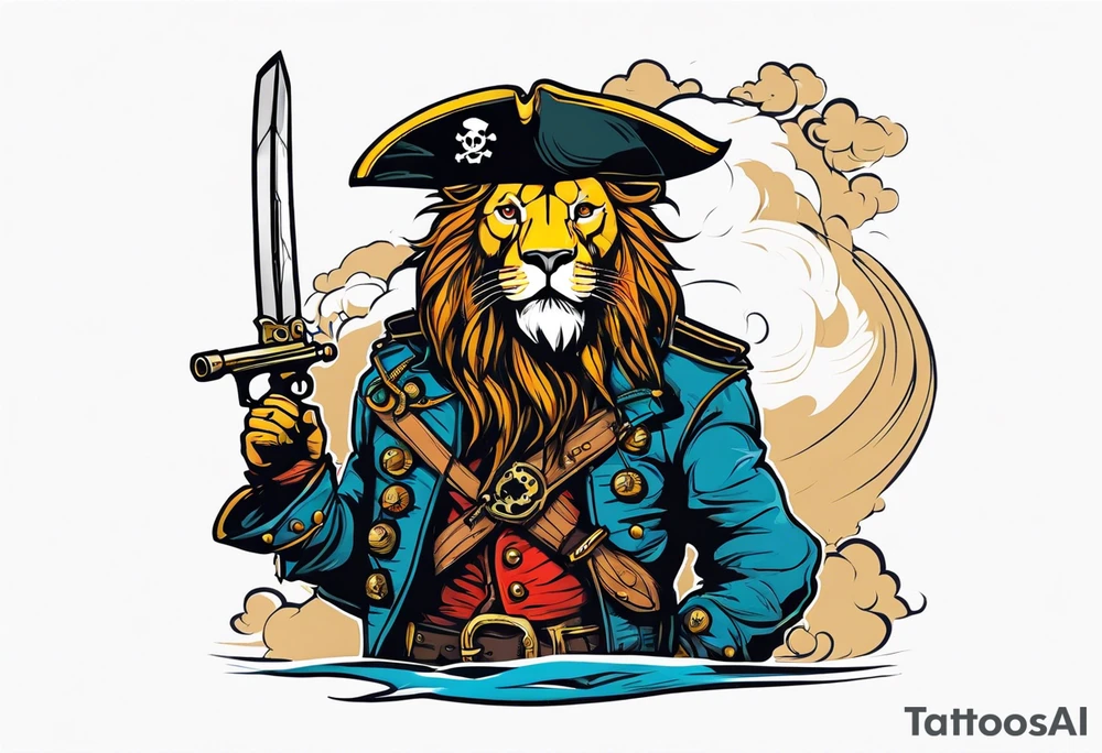 Pirate lion wearing jacket, sword and pistol, nautical steampunk theme. dreadlocks. pirate vessel tattoo idea