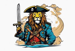 Pirate lion wearing jacket, sword and pistol, nautical steampunk theme. dreadlocks. pirate vessel tattoo idea