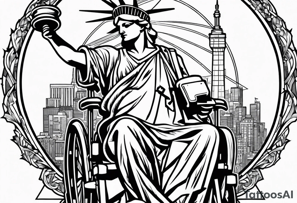 Statue of Liberty handcuffed in a wheelchair tattoo idea