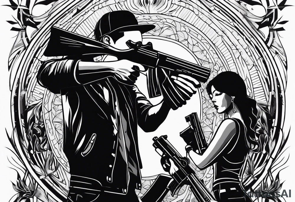 In the reflection of a eye two black siloets of people holding guns one man dead on the ground with a wounded woman standing behind him tattoo idea