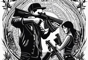 In the reflection of a eye two black siloets of people holding guns one man dead on the ground with a wounded woman standing behind him tattoo idea