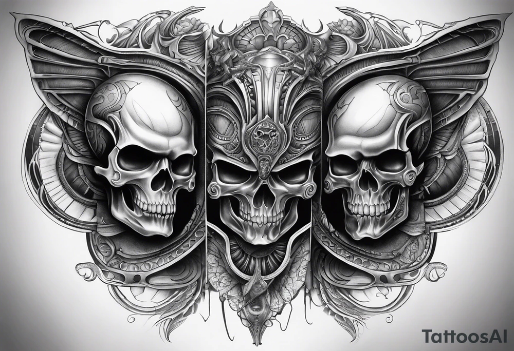 H.R Giger style knee tattoo with skulls tattoo idea