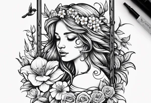 crying angel with hair convering face on swing with rose, lily daffodil, daisy, carnation narcissus and hummingbird tattoo idea