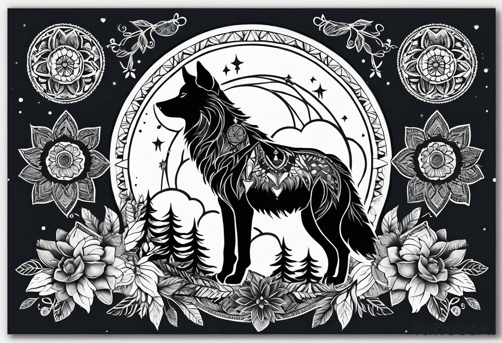 A whimsical wolf tattoo featuring mandala or dream catcher elements, with the wolf as the central focus. Show the wolves whole body standing surrounded by mountains in the background. Include flowers and nature elements to fill the space around the wolf. Some color but not completely solid bold color tattoo idea