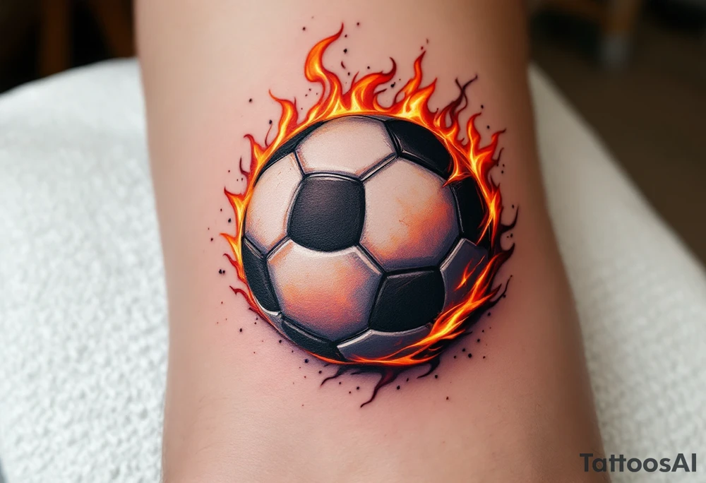 A hyper-realistic soccer ball on fire, shaded in deep reds, oranges, and black. tattoo idea