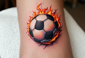 A hyper-realistic soccer ball on fire, shaded in deep reds, oranges, and black. tattoo idea