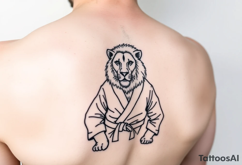 Lion in the Serengeti wearing a Brazilian jiu jitsu gi as a person would along side his two sons tattoo idea