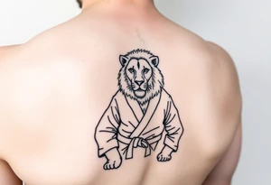 Lion in the Serengeti wearing a Brazilian jiu jitsu gi as a person would along side his two sons tattoo idea