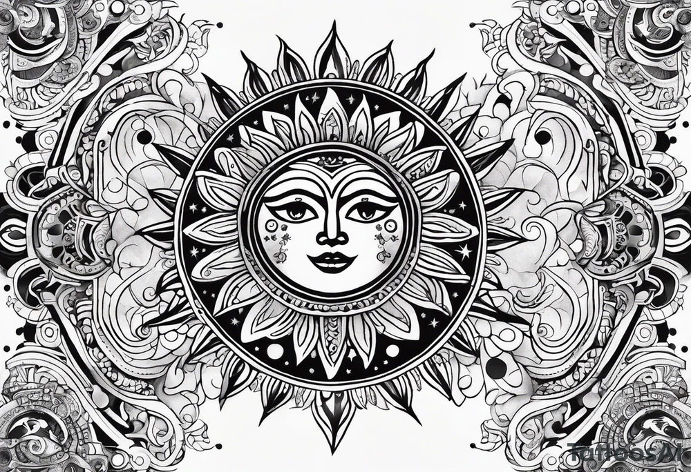 Mexican alien Sun and moon. Freeform rectangular sternum swirls with dots and stars tattoo idea