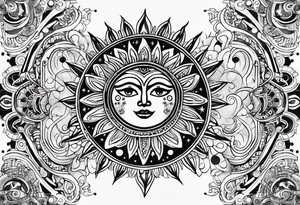 Mexican alien Sun and moon. Freeform rectangular sternum swirls with dots and stars tattoo idea