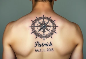 A realistic sundial with the child’s name "Patrik" and birth date 06. 11. 2016 engraved on the base, in warm earthy browns and bronze tones tattoo idea