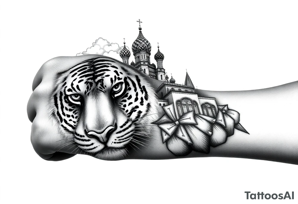 Realistic tiger face on the back of the hand with strong contrast and fine detail with its eyes completely black. with a highly detailed Russian Orthodox cathedral sitting above on fore arm with onion domes and orthodox crosses, done in fine line, engraving-like style. Cohesive composition, black ink only, no color, high contrast, slightly aged, documentary-style, plain light background. with clouds above and a virgin mary 
spanning from my hand to lower fore arm tattoo idea