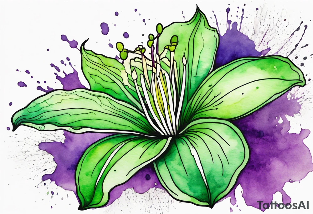 An outline of a green rio dipladenia flower and a green and purple watercolor splash in the background tattoo idea