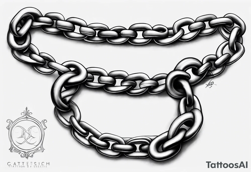 Create a tattoo sketch in a realistic style, depicting a straight chain lying horizontally on a white background. The chain links should be identical in size, evenly spaced, and perfectly aligned from a top-down view. Focus on capturing the metallic texture, reflections, shadows, and signs of wear on each link for a lifelike effect. tattoo idea